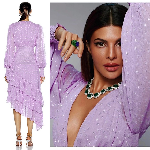 ROCOCO SAND Lilac Puff Long Sleeve Smocked Waist Asymmetric Tier Ruffle Dress S - Picture 8 of 8